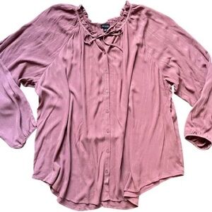 Torrid - Button-front Ruffle Neck Tie Blouse